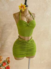 Soleia Women's Vacation Beach Solid Color Twist Back Halter Top And Mini Skirt 2 Pieces Set - Green - View 3