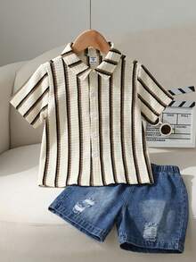 男童休闲短袖衬衫搭配破洞牛仔裤 - 杏色 - 查看 1