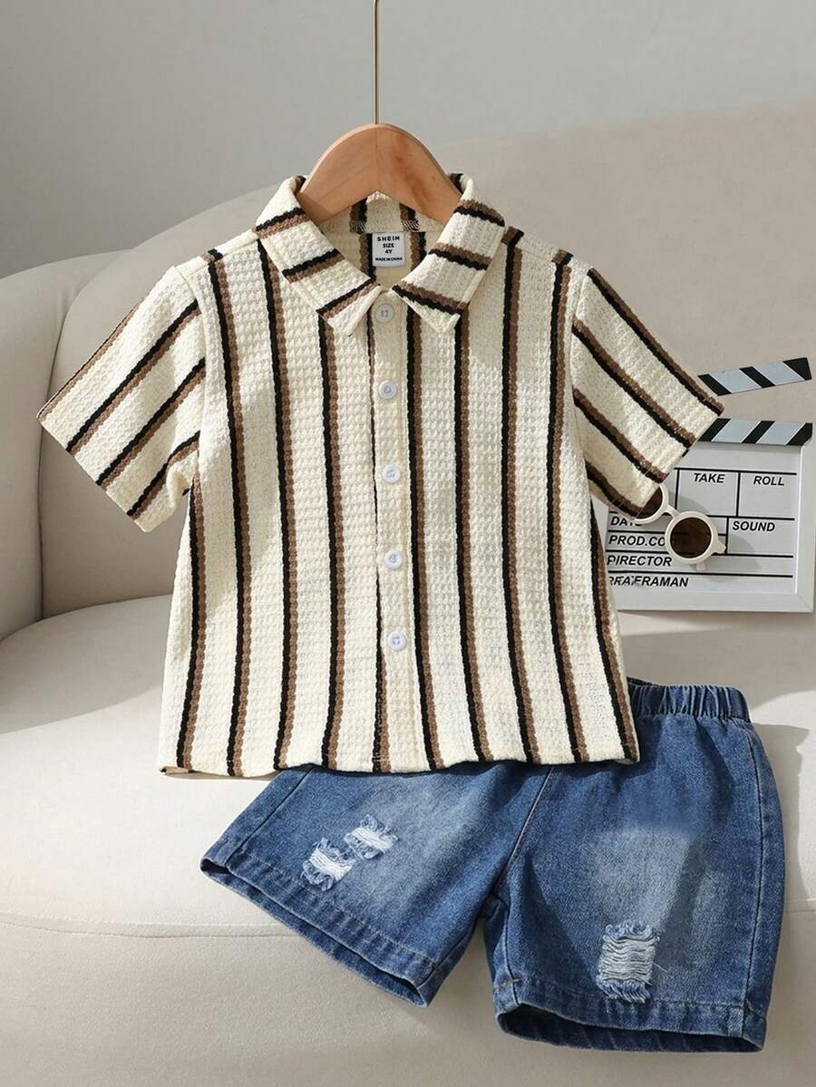 男童休闲短袖衬衫搭配破洞牛仔裤 - 杏色 - 查看 1