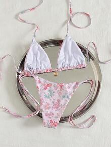 Swim Mod Nuevo bikini de estilo floral del campo francés para el verano, traje de baño de dos piezas sexy con cuello de halter y lazos - Multicolor - Ver 2