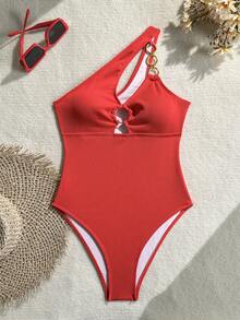 Swim SXY 女士纯色镂空金属圆形装饰不对称领口连体泳衣 - 紅色 - 查看 4