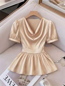 EMERY ROSE Elegant Romantic Ruffle Hem Tie Neck Fitted Women Blouse - Apricot - View 5