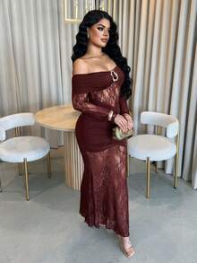 Dayanna Comas Women's Elegant Lace Patchwork Maxi Mermaid Dress, Off Shoulder Backless Formal Gown, Sexy Sheer Long Sleeve Dress, Suitable For Dates, Gatherings, Birthdays, Parties, Graduations, Cocktail Events, Wedding Guests, Formal Occasions;Gala Night;Gown For Prom Night - Coffee Brown - View 3