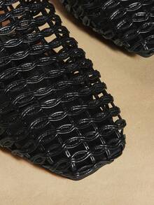 Rosivie 女士新款时尚编织镂空平底方头乐福鞋 - 黑色 - 查看 4