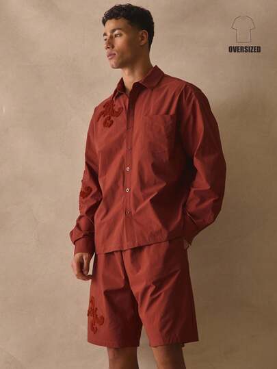 Musero Oversized Long Sleeve Collared Button Through Front Pocket Top Textured Raised Applique Design Shirt Spring Summer Essentials Holiday