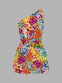 Slaydiva Spring/Summer New Western/Boho Style Jumpsuit, Suitable For Music Festivals, Easter, Nashville, Birthday Parties, Graduation, Student Wear, Daily Casual, Vacation, Cruise Travel, Beach, Sunbathing, One Shoulder Twist Waist Design, Textured Fabric, Waist Tie, Slimming, White, Women - Multicolor - View 4