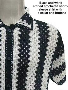 Manfinity LEGND Áo khoác cardigan nam tay ngắn dệt kim kẻ sọc đen trắng, phong cách thường ngày, thích hợp cho kỳ nghỉ hè. - màu đen - Xem 5