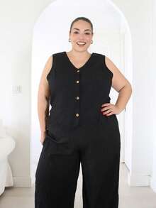 Pretty and Ole Plus Size Summer Commuter V-Neck Vest And Straight-Leg Pants Set,Business Casual Woman,Teacher Outfits For Women Spring - Black - View 5