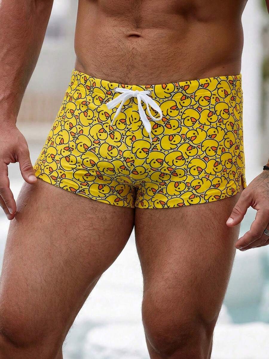 Manfinity Swimmode 男士欢乐黄鸭印花抽绳腰泳裤 - 黃色 - 查看 1
