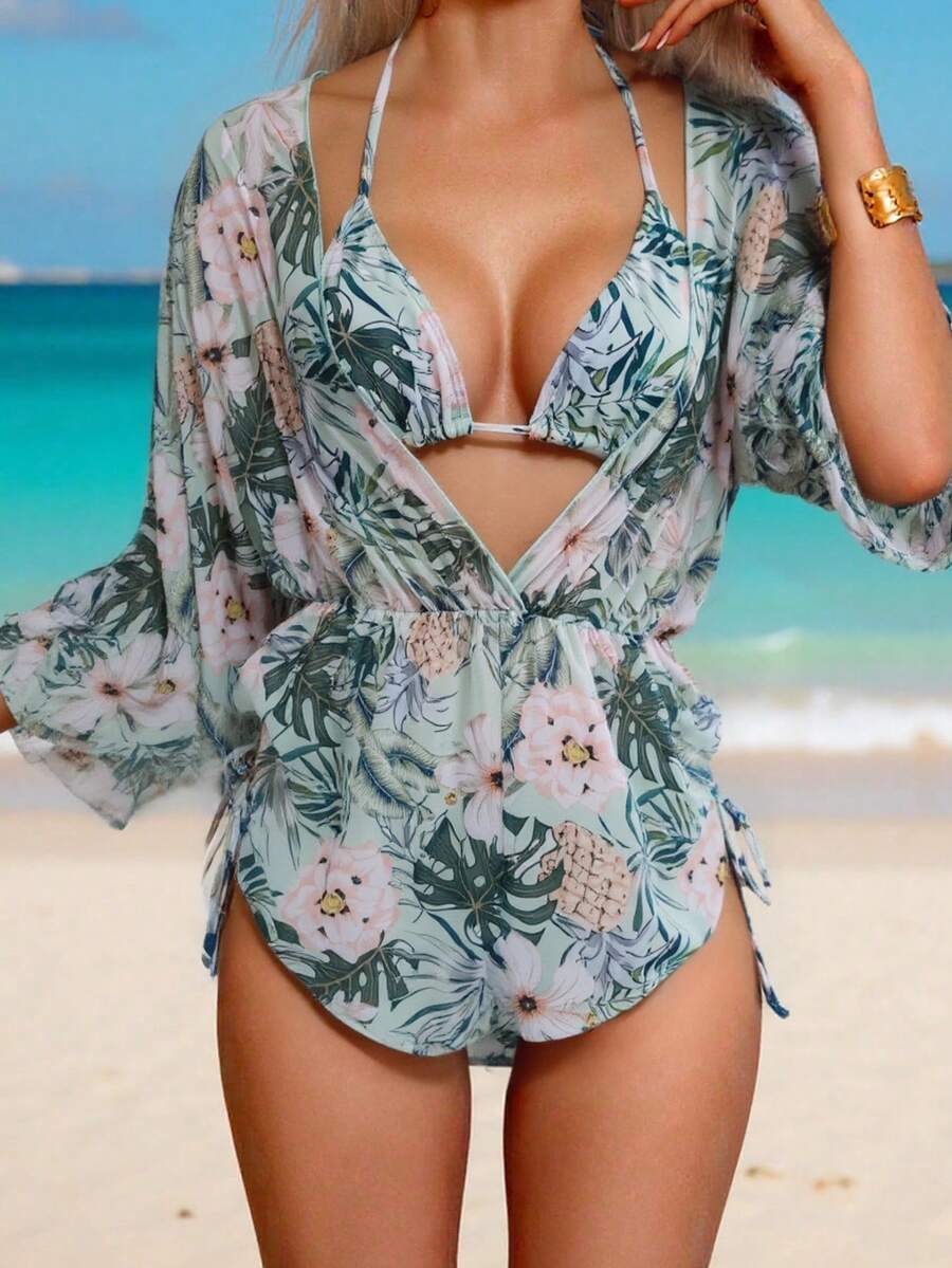 Swim Lushoire Trajes de baño para mujer de verano, paquete de 3 piezas con estampado tropical aleatorio, bikini con escote halter y cordón lateral - verde menta - Ver 1