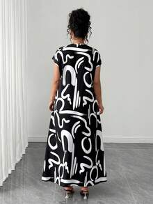 Vestido Largo Talla Grande Cuello V Manga Corta Estampado Contraste  Perfecto para Citas y Fiestas Casuales - Blanco y Negro - Ver 3