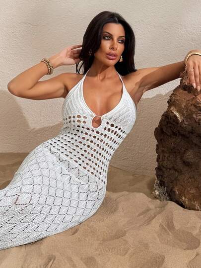 SHEIN Vestido de cubrir con cuello halter de diseño hueco y unicolor para vacaciones de mujer
