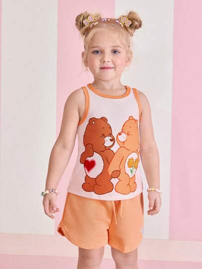 SHEIN X Care Bears Young Girl Cute Cartoon Print Ringer Tank Top, Casual Daily Commute, Summer