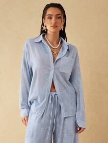 Silquee Women's Light Blue Floral Embroidered Pyjamas Set Two Piece,Boho Drop-Shoulder Long-Sleeved Single-Breasted Pocket Shirt,Holiday Vacation Autumn - Blue - View 4