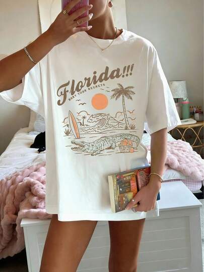 女童宽松短袖上衣，字母和椰子树图案印花，休闲圆领白色T恤，舒适百搭，适合所有季节