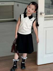 Dazy Kids 夏季女童撞色拼接吊带背心和裙子套装 - 黑與白 - 查看 5