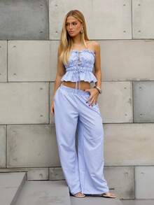 BiaLiraa Set de 2 piezas para mujer con top bandeau fruncido con corbata y rayas y pantalones largos - Azul - Ver 1