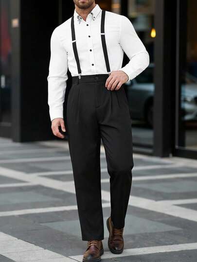Manfinity Bizformal Men's Black Suspender Pleated Casual Business Straight Leg Cropped Pants