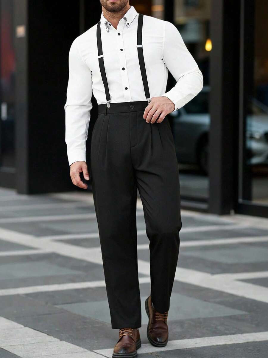 Manfinity Bizformal Men's Black Suspender Pleated Casual Business Straight Leg Cropped Pants - Black - View 1