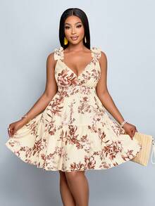 SOLERSUN Plus Size Women's Fashion Floral Random Pattern Crossover V-Neck Ruffled Shoulder Strap Sleeveless Pleated Waist A-Line Double-Layer Ruffled Hem Short Dress, Vacation, Suitable For Spring And Summer Daily Commutes And Beach Vacations, Cool And Casual, Perfect For St. Patrick's Day, Easter, Music Festivals, Parties - Apricot - View 2