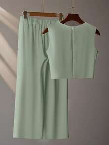 Franclia French High-Level Chic Three-Dimensional Beaded Sleeveless Tops Layered Wide-Leg Pants Trousers Summer Two Pieces Suits Ladies Summer Clothing Summer Two Pieces Suits Summer - Olive Green - View 2