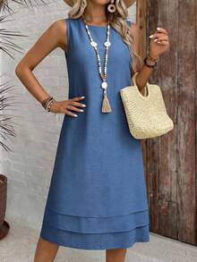 EMERY ROSE Vestido de verano casual de línea A de cuello redondo y unicolor, vestido de verano para mujer, casual - Azul - Ver 3