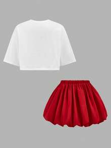 少女休闲樱桃印花白色T恤和碎花裙两件套 - 紅白色 - 查看 2