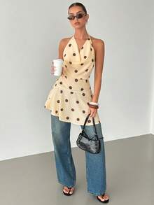 Siren Gaze 女士露背吊带波点衬衫，垂坠下摆，优雅、休闲又浪漫，适合婚礼、花园派对、鸡尾酒会或特殊场合。 - 黃色 - 查看 4