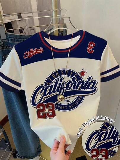 少女休闲复古美式学院风运动数字23印花短袖圆领T恤，适合夏季返校穿着