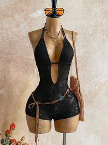 Soleia Women's Deep V-Neck Fashionable Sexy Halter Jumpsuit - Black - View 1