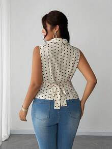 Elenzga Plus Size Women's Beige Summer Elegant Office Polka Dot Sleeveless Collared Shirt,Twist Tie Waist Fitted Short Top,Retro French Smooth Fabric - Multicolor - View 2