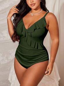 Slaydiva Plus Size Solid Color Ruffle Trim One-Piece Swimsuit For Beach Vacation - Army Green - View 3