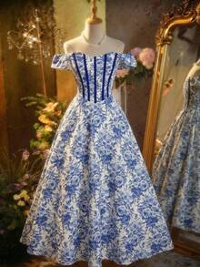 SHEIN MOD 女士蓝白碎花露肩连衣裙 - 藍白色 - 查看 3