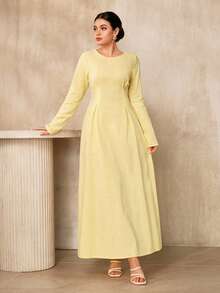 Graceveil Đầm dạ hội màu trơn thanh lịch dành cho nữ, đầm dài có tay, đầm nữ cổ điển sang trọng, đầm dự tiệc trang trọng, đầm dự tiệc cưới, đầm dự lễ tân cho cô dâu, đầm đi nhà thờ cho nữ, đầm dự tiệc trang trọng cho nữ. - Vàng nhạt - Xem 4