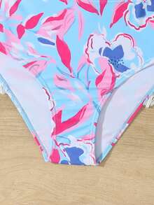 SHEIN Set Baju Renang Tankini Motif Tie-Dye 2 Potong, Bikini Dua Potong Biru Berumbai untuk Anak Perempuan Remaja, Hadiah Liburan Pantai Musim Panas yang Lucu, Cepat Kering - Baby Blue - View 3