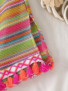 Sparklyn Girls' Sweet Rainbow Pink Stripe Summer Boho Cute Beach Holiday Dress,Knitted Jacquard 3D Floral Spaghetti Strap Sundress With Crossbody Bag - Multicolor - View 5