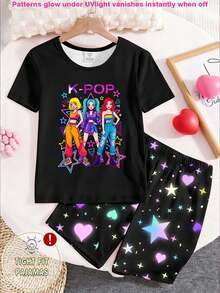 Glowmode Tween Girls Glow-In-The-Dark UV Reactive Girl Group Print Knit Top And Shorts 2-Piece Pajama Set,Black,Summer,Y2k,Home Wear,Sleep Snug Fit - Black - View 5