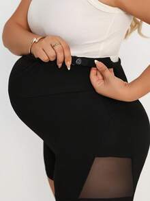 Plussiva Plus Size Maternity Summer Casual Commuter High Waist Patchwork Sheer Mesh Skinny Shorts - Black - View 7