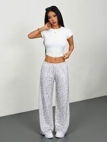 SHEIN PETITE Women's Casual Leopard Print Drawstring Waist Sweatpants,Back To School Clothes,Fall Clothes For Women Comfy Pants Lounge Pants Cheetah Print Pants - Multicolor - View 4