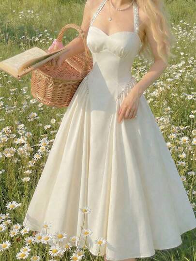 SHEIN MOD 여성용 우아한 시크 미니멀리스트 솔리드 컬러 인조 진주 & 라인스톤 장식 우산 밑단 백리스 타이 넥 맥시 드레스, 여름