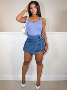 Steph T Quần short denim thắt nút thường ngày cho nữ - Rửa tối - Xem 1