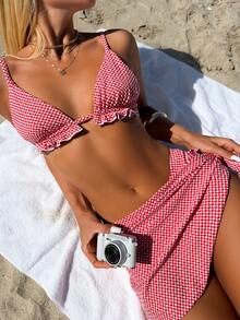 Swim Mod Bộ bikini 3 món mùa hè dành cho nữ, họa tiết hoa, hở lưng, buộc dây phía trước, kèm váy che ngoài, thích hợp cho kỳ nghỉ biển. - Đỏ - Xem 4