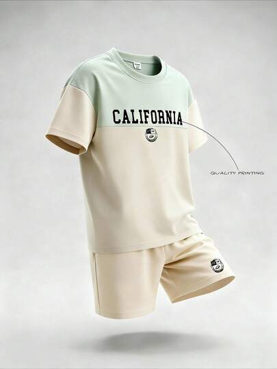 Casuvi Kids Ung pojke, överdimensionerad t-shirt, rund hals, lös design, retro-amerikanskt collegetryck, 2-delat set - Casual, sport, utomhus, fitness, basket, resor, vardagskläder, sommar, nytt shortsset