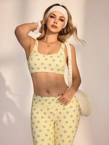 WanderVale 2件套女士蝴蝶结格子随机印花吊带背心和裤子可爱甜美运动瑜伽套装 - 黃色 - 查看 8