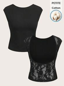 Aloruh 小巧性感款95%棉蕾丝拼接短袖T恤，露背短款上衣，适合春夏、派对、海滩穿着 - 黑色 - 查看 2