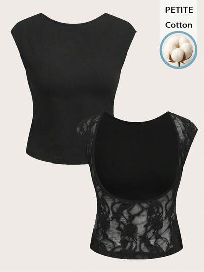 SHEIN PETITE Petite Sexy Style 95% Cotton Lace Patchwork Short Sleeve T-Shirt, Backless Crop Top, Suitable For Spring/Summer, Party, Beach