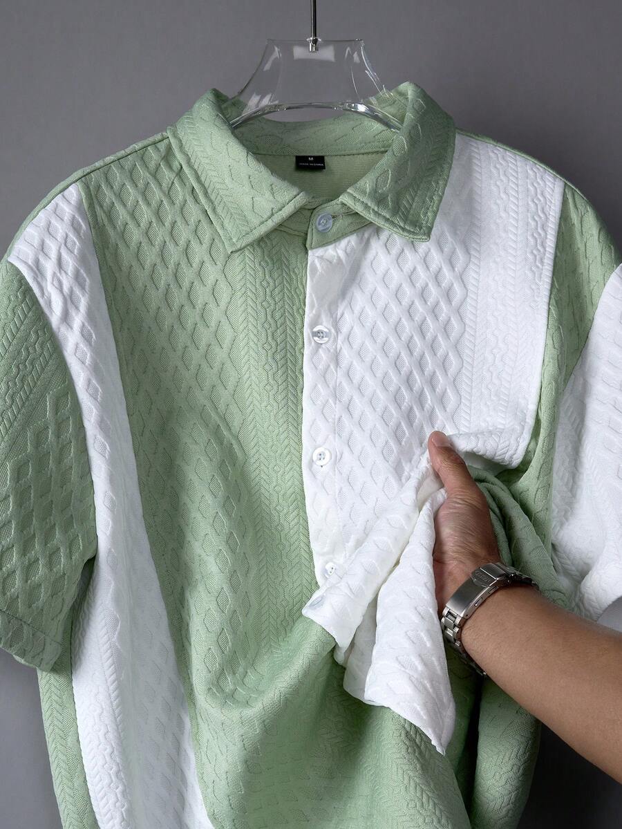 Manfinity Homme Men's Summer Casual Daily Commute Vacation Textured Patchwork Short Sleeve Shirt - Olive Green - View 1