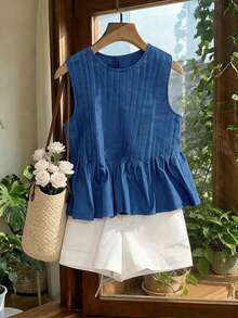 INAWLY Plus Size Women Casual Solid Color Ribbed Knit Tank Top And Denim-Look Shorts 2 Pieces Set - Royal Blue - View 1
