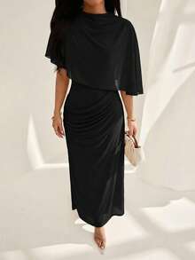 SHEIN PETITE Đầm dài thanh lịch, tối giản, thời trang công sở, thiết kế eo chun, nhiều lớp xếp ly, tôn dáng, phù hợp cho công sở, hẹn hò, du lịch, đầm dành cho nữ thanh lịch - màu đen - Xem 3