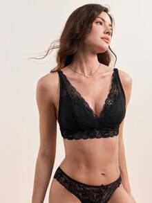 SHEIN Floral Lace Scallop Trim Bralette Lingerie - Black - View 8